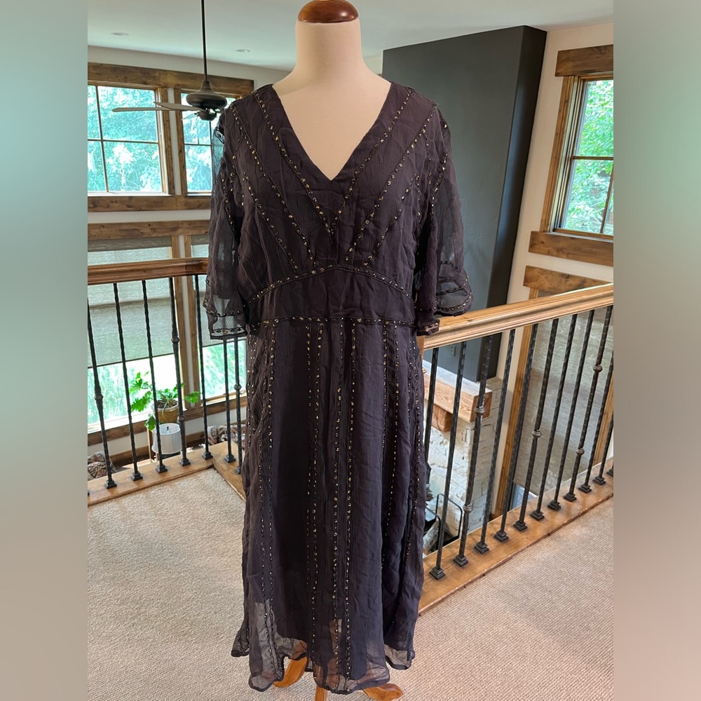 Sundance Beaded Dress Sz L Gray Silky India
